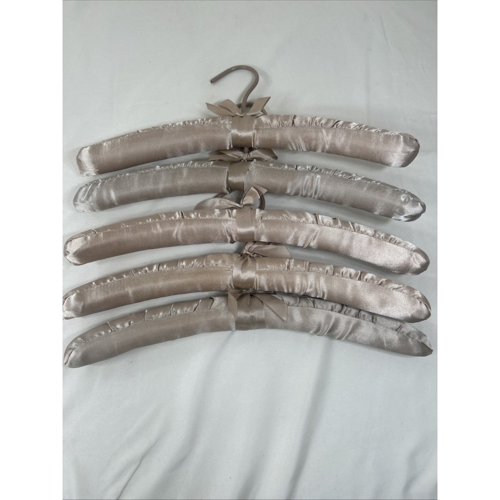 Vintage Champagne Gold Satin Covered Hangers Padded Ribbons Lot of 5